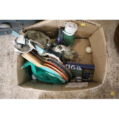 149 - Table tennis table & box of nets, bats, vintage