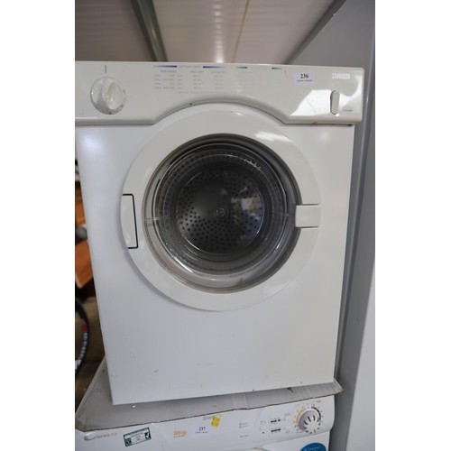 236 - Zanussi tumble dryer - warranted until 12 noon Tuesday following the above sale