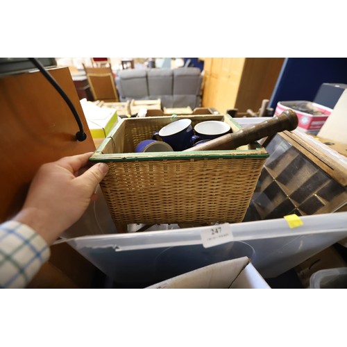 247 - Vintage sewing basket, 4 Denby mugs, truncheon, Alfred Meakin tea pot & small display cabinet