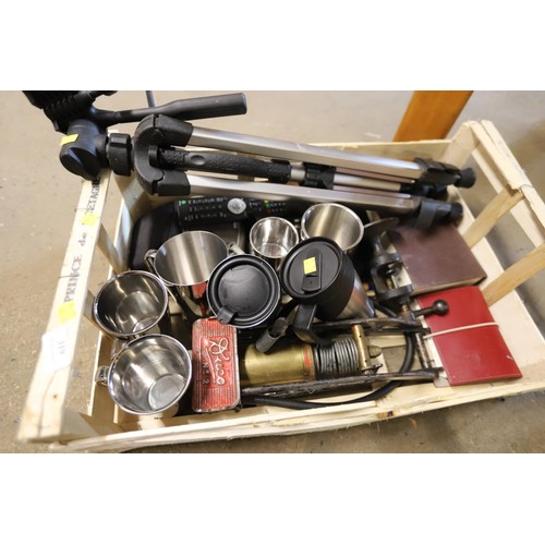 319 - Box of misc, incl tripod, vintage pump, stainless mugs & others, etc