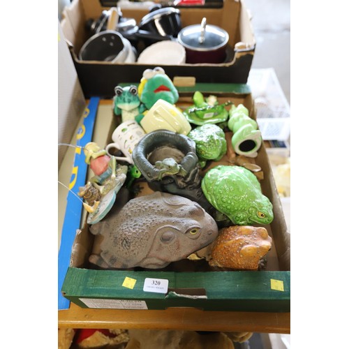 320 - Box of frog ornaments, mug & soft toy