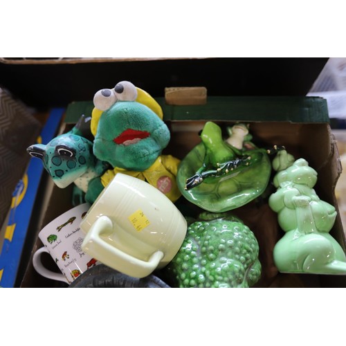 320 - Box of frog ornaments, mug & soft toy