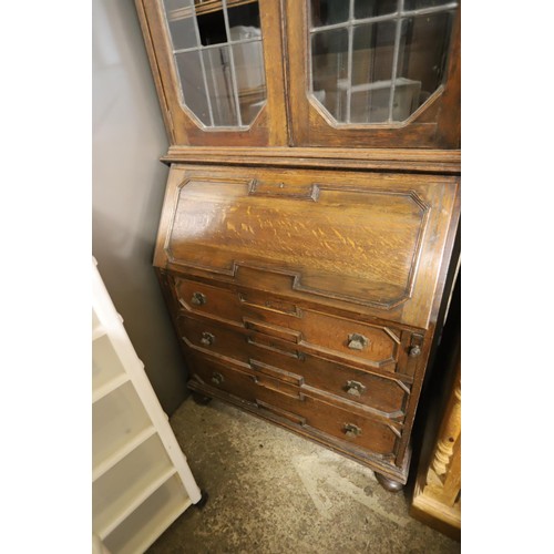 361 - Oak bureau bookcase with leaded glazed doors