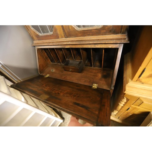 361 - Oak bureau bookcase with leaded glazed doors