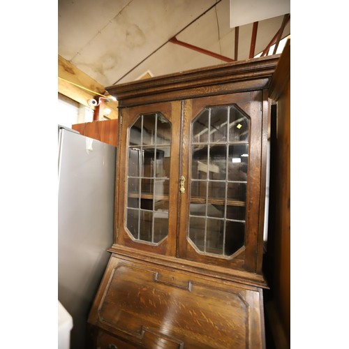 361 - Oak bureau bookcase with leaded glazed doors