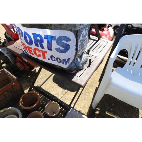 100 - Garden table & chair, wellies size 8, propagator & hanging baskets