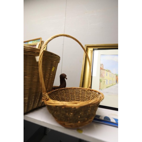 188 - Wicker baskets, bin & bird