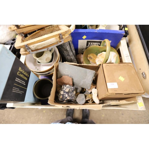 318 - 2 boxes of collectables, incl Gedogy collection pebbles, rocks, egg, various jugs, copper, etc