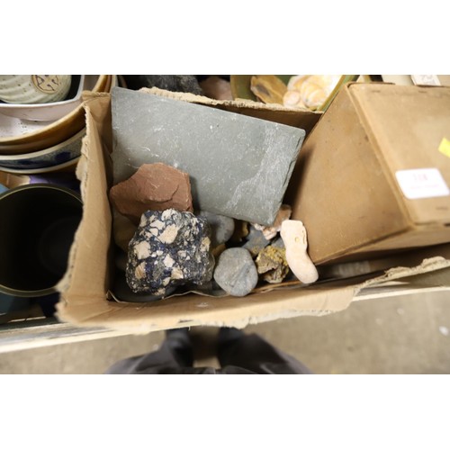 318 - 2 boxes of collectables, incl Gedogy collection pebbles, rocks, egg, various jugs, copper, etc