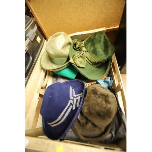 319 - Suitcase, various handbags, back packs & box of hats