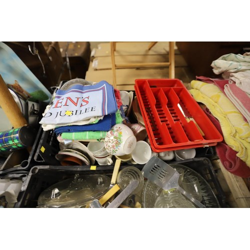 321 - 4 boxes of kitchen ware, crockery, glass & tea towels