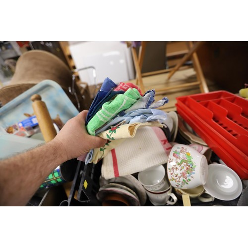 321 - 4 boxes of kitchen ware, crockery, glass & tea towels