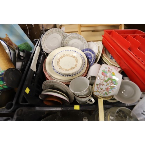 321 - 4 boxes of kitchen ware, crockery, glass & tea towels