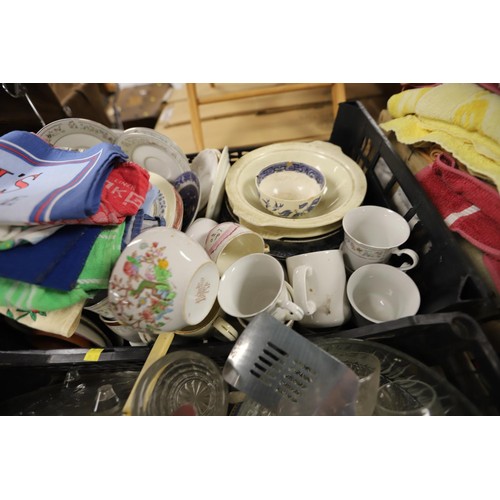 321 - 4 boxes of kitchen ware, crockery, glass & tea towels