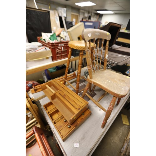 327 - Country chairs, pine stool, shelf, towel rail, etc