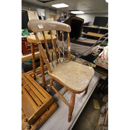 327 - Country chairs, pine stool, shelf, towel rail, etc