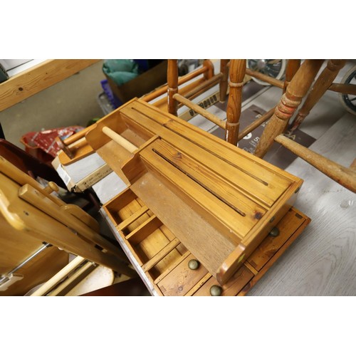 327 - Country chairs, pine stool, shelf, towel rail, etc