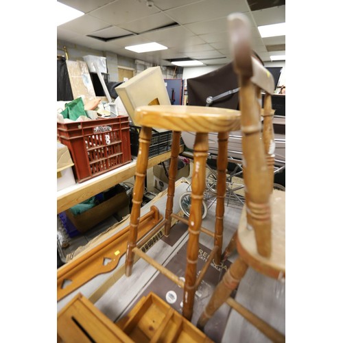 327 - Country chairs, pine stool, shelf, towel rail, etc