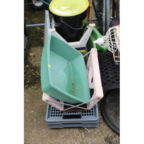 57 - Large quantity of various miscellaneous including garden tools, bench, petrol tanks, caravan steps, ... 