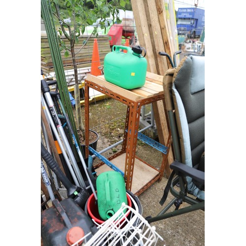 57 - Large quantity of various miscellaneous including garden tools, bench, petrol tanks, caravan steps, ... 