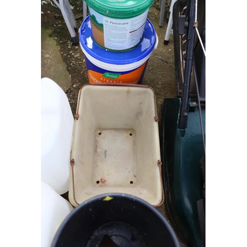 73 - Two plastic 20 L tanks quantity of garden pots etc