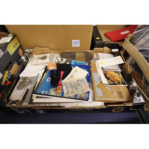 313 - Box of ephemera, press photos, stamps, coins & much more