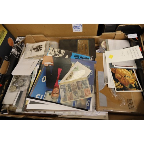 313 - Box of ephemera, press photos, stamps, coins & much more