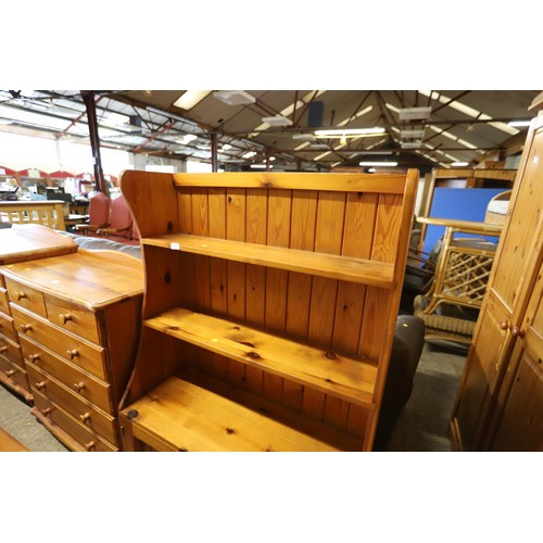 658 - Pine shelves with cupboard on castors