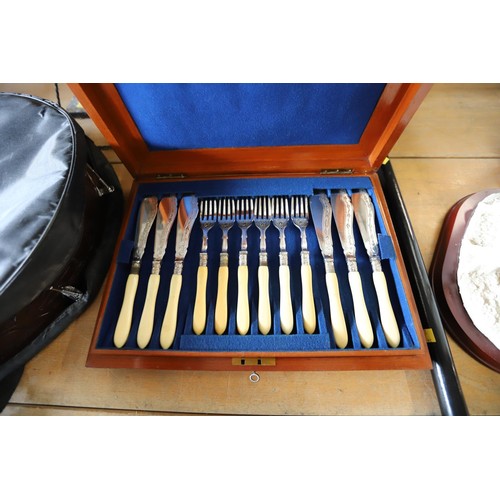 363 - Fish knives & forks in mahogany case with key (2 tiers, 10 sets)