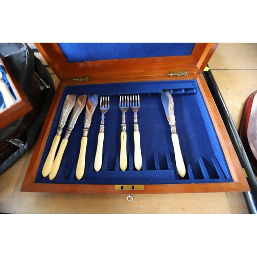 363 - Fish knives & forks in mahogany case with key (2 tiers, 10 sets)