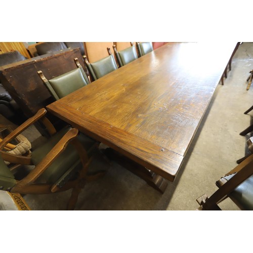 569 - Antique heavy oak refectory dining table & set of 8 matching chairs