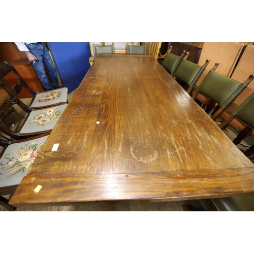 569 - Antique heavy oak refectory dining table & set of 8 matching chairs