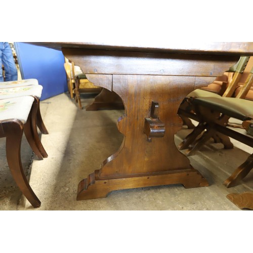 569 - Antique heavy oak refectory dining table & set of 8 matching chairs