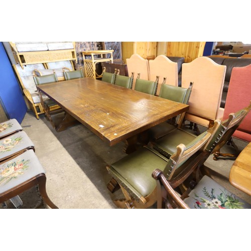 569 - Antique heavy oak refectory dining table & set of 8 matching chairs