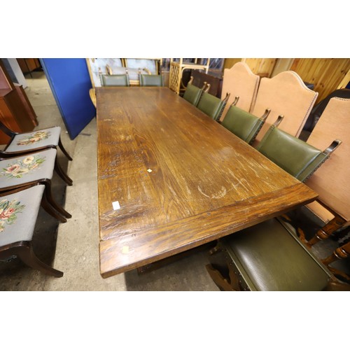 569 - Antique heavy oak refectory dining table & set of 8 matching chairs