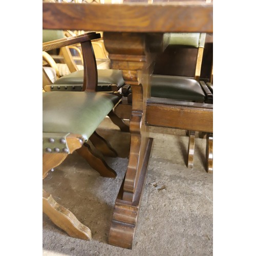 569 - Antique heavy oak refectory dining table & set of 8 matching chairs