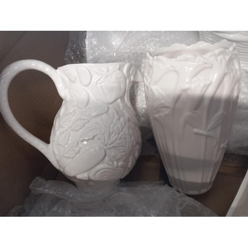 305 - Box of white glaze china, incl vase, jug, planters, etc some af