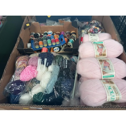 309 - Box of wool, sewing cottons, buttons, knitting needles, etc