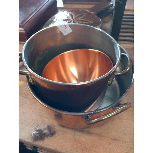 361 - 2 copper saucepans & small copper bowl