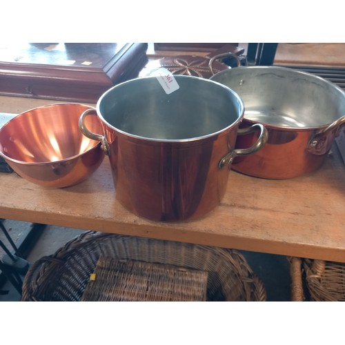 361 - 2 copper saucepans & small copper bowl