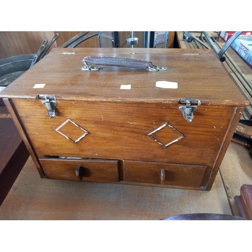 370 - Small brown chest & contents