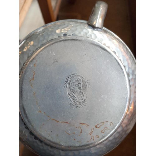 415 - 'Craftsman pewter' tea pot, sugar bowl & milk jug on metal tray