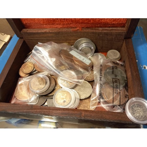 421 - Brass inlaid box with coins