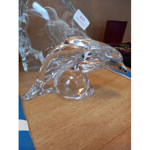 433 - Signed Swedish glass eagle & dolphin - 1 etched