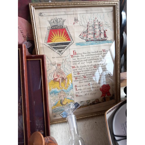 501 - Collectables, incl clock, brass, door stops, glass ship in bottle, pictures, etc