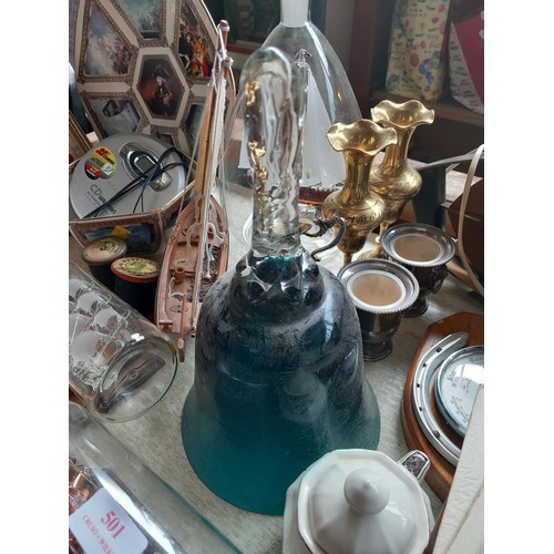 501 - Collectables, incl clock, brass, door stops, glass ship in bottle, pictures, etc