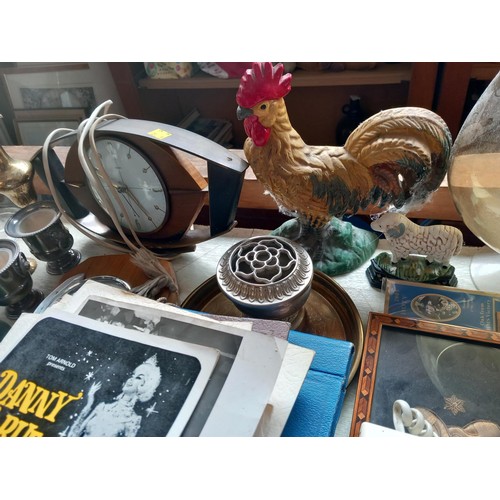 501 - Collectables, incl clock, brass, door stops, glass ship in bottle, pictures, etc