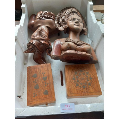 513 - 2 wooden carvings & 2 boxes