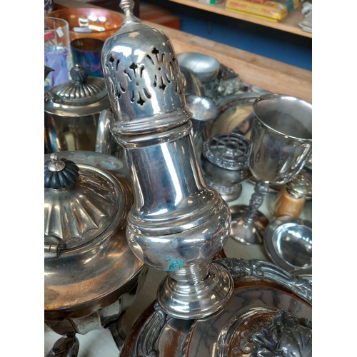 521 - Various silver plated items - tea sets, condiments, etc