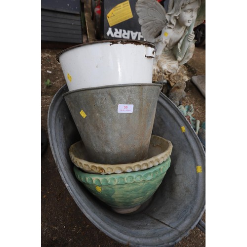 55 - Small tin bath, tin bucket, enamel bucket & 2 hand made garden pots